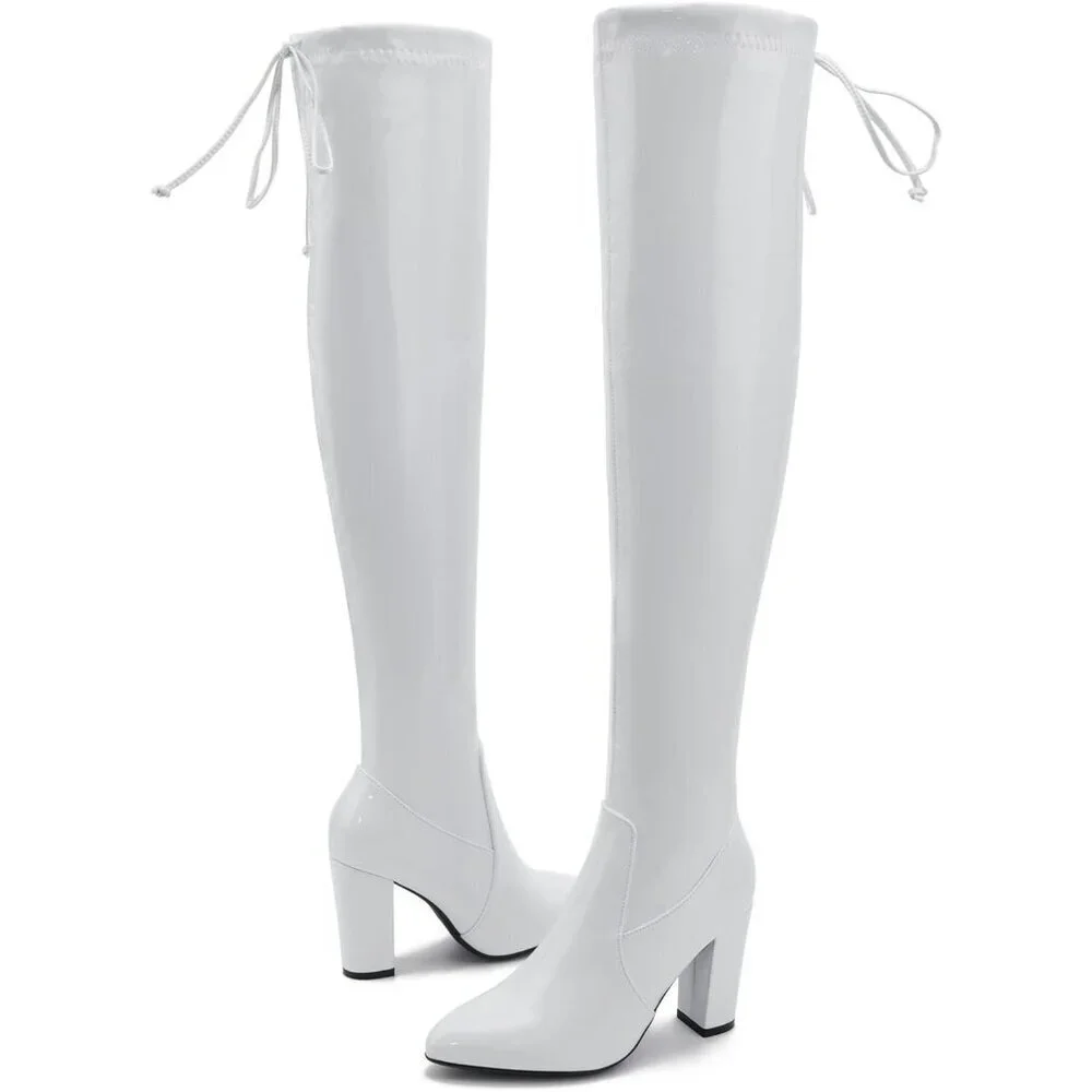 Women A-white Leather Pointed Toe Zipper Over The Knee Thigh High Long Boots